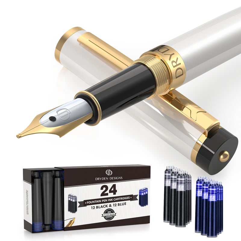 Dryden Designs Fountain Pen Medium Nib, Pearl White, Left and Right Handed, Includes 24 Ink Cartridges - 12 Black and 12 Blue - Image 1